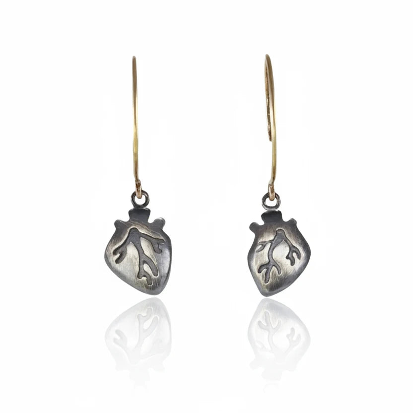 Small Hanging Heart Earrings - Sterling Silver & 14k Gold