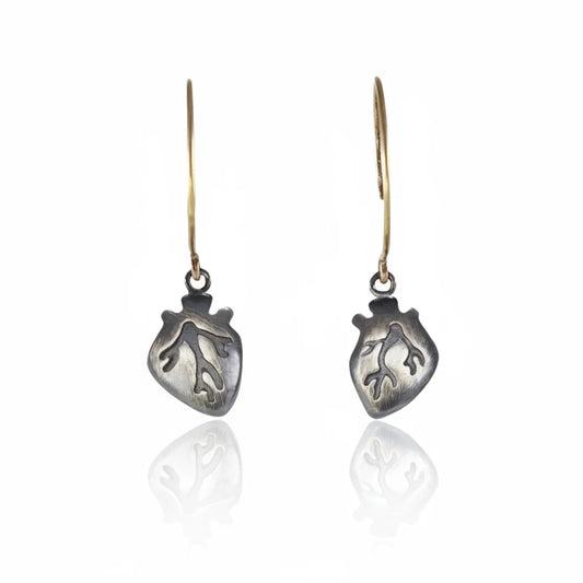 Small Hanging Heart Earrings - Sterling Silver & 14k Gold