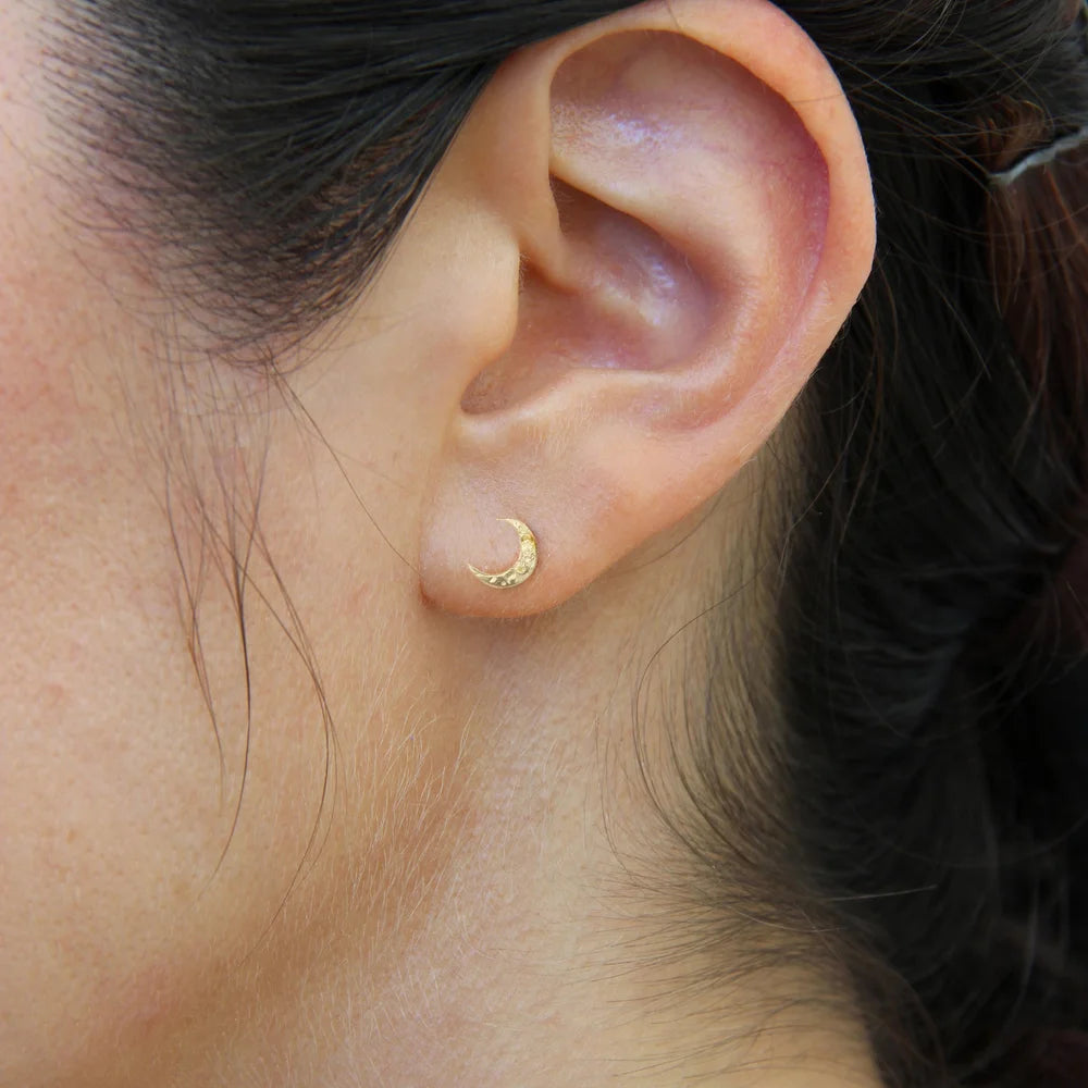 Tiny Crescent Moon Stud - 14k Yellow Gold Hand-Carved Earrings