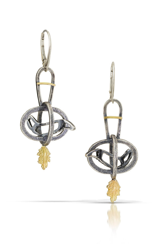 Caged Bird Earrings in Sterling Silver and 18K Gold