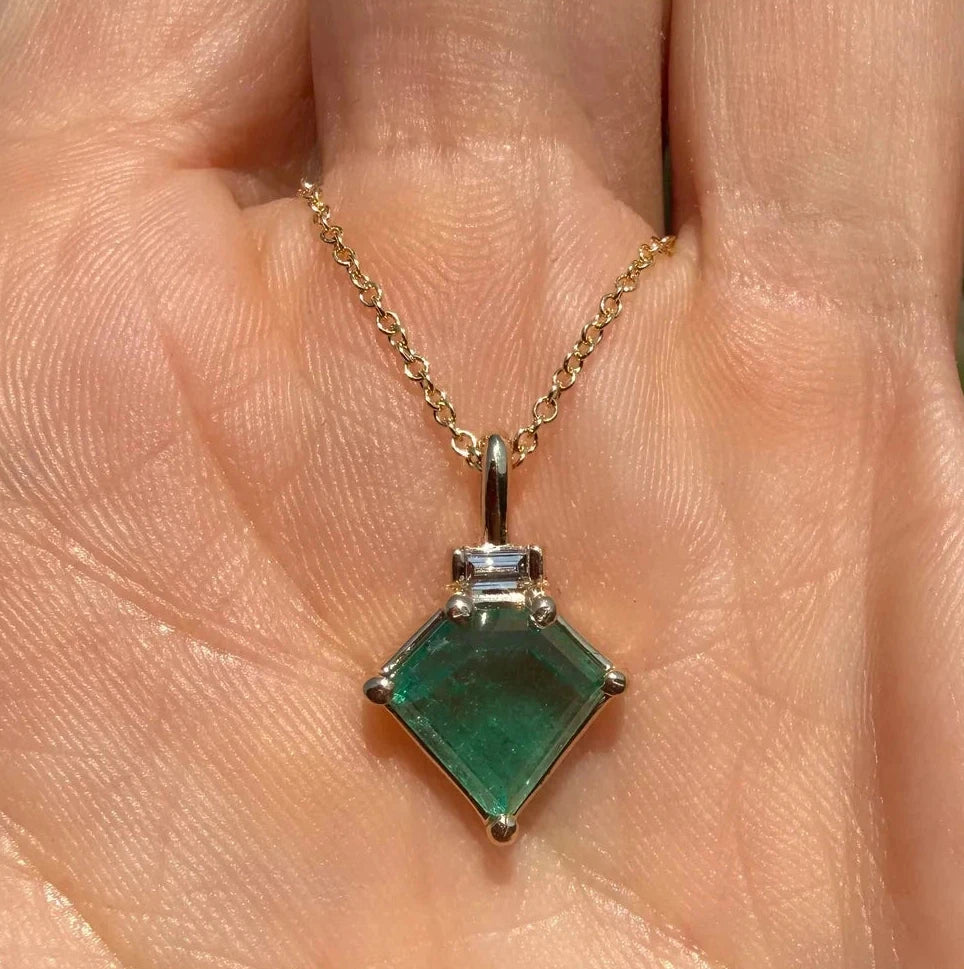 Emerald Kite & Diamond Pendant - 14k Gold
