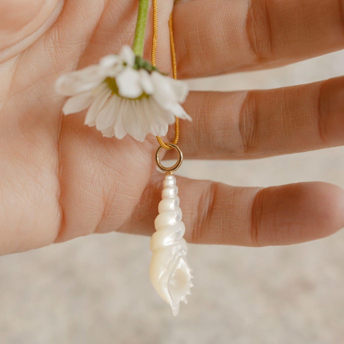 Spiral Shell Charm – Hand Carved Mother of Pearl with 14k Gold