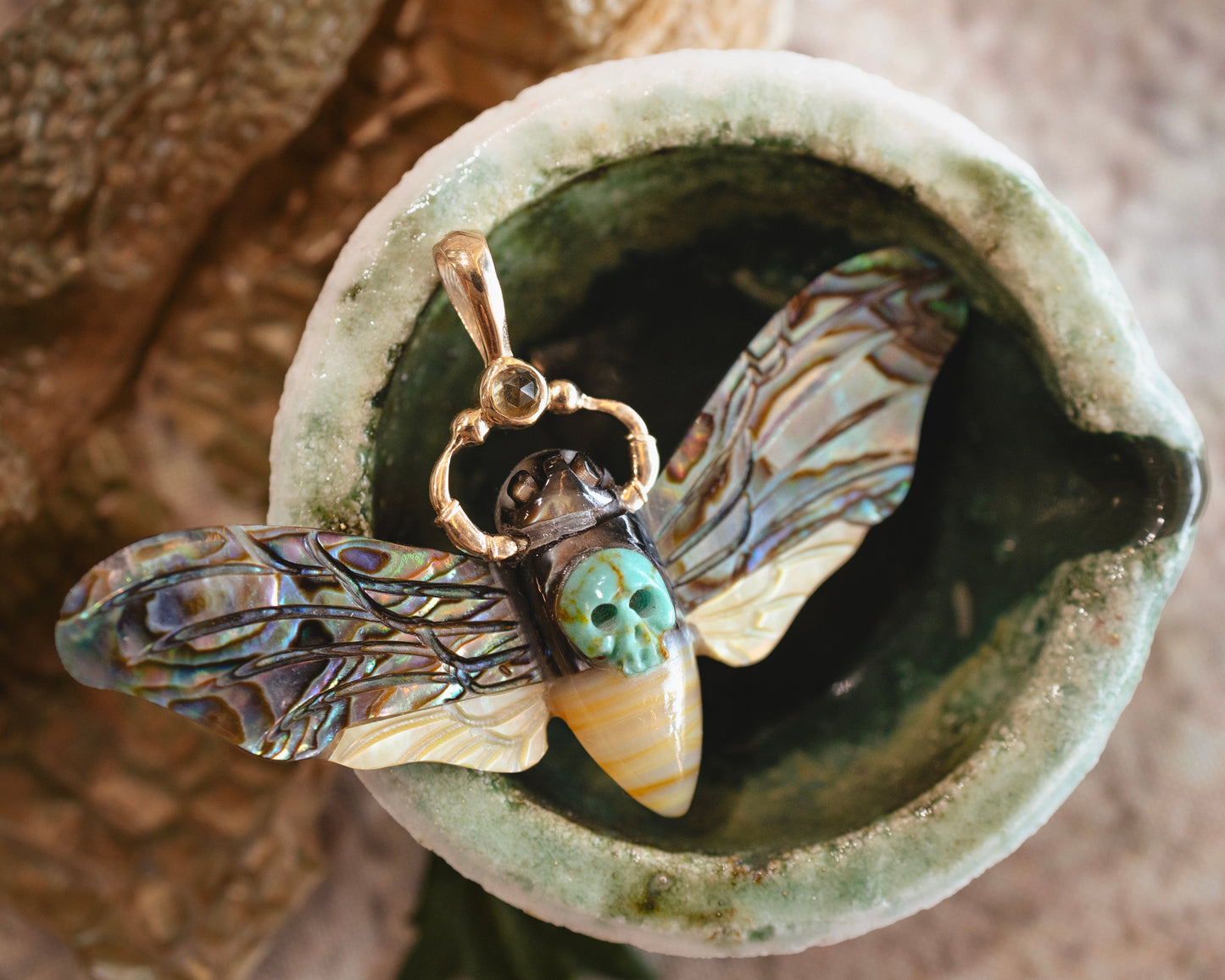 Death’s Head Hawk Moth Charm – Shell, Jasper & 14k Gold