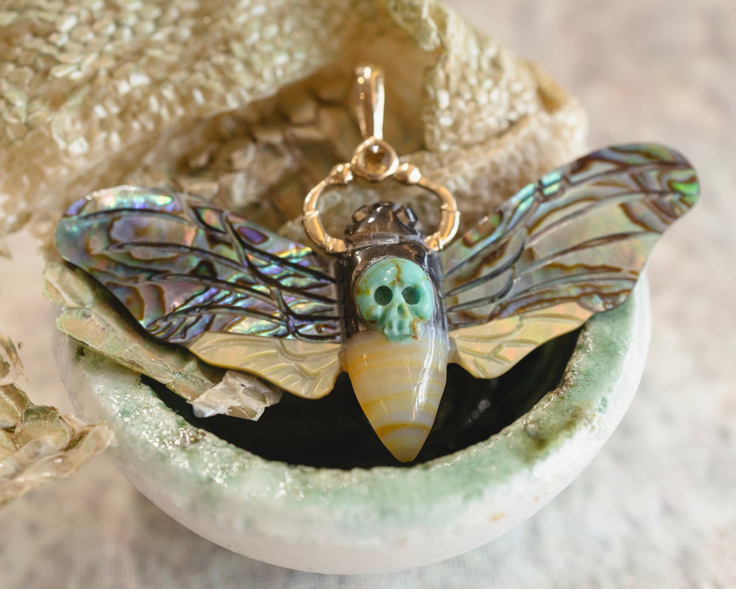 Death’s Head Hawk Moth Charm – Shell, Jasper & 14k Gold
