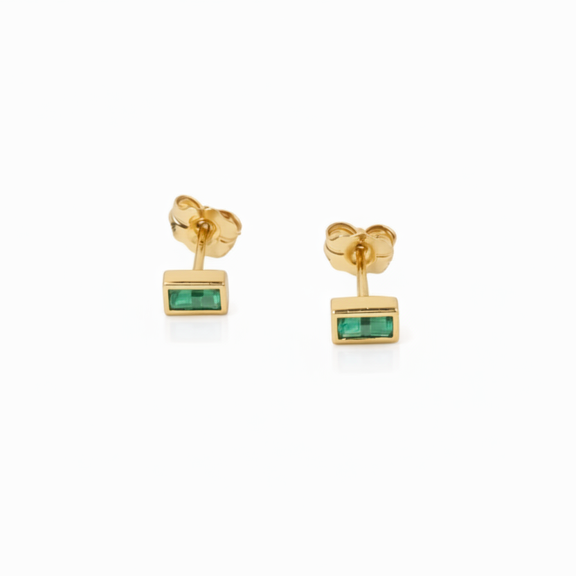 Emerald Baguette Stud Earrings - 14k Gold