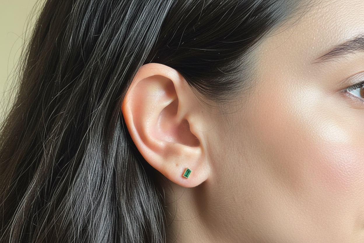 Emerald Baguette Stud Earrings - 14k Gold