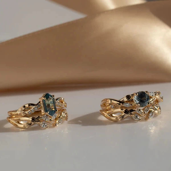 Pine Sapphire Ring – 14k Yellow Gold Hexagon Sapphire and Diamond Leaf Ring