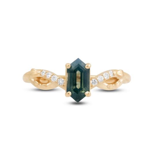 Pine Sapphire Ring – 14k Yellow Gold Hexagon Sapphire and Diamond Leaf Ring