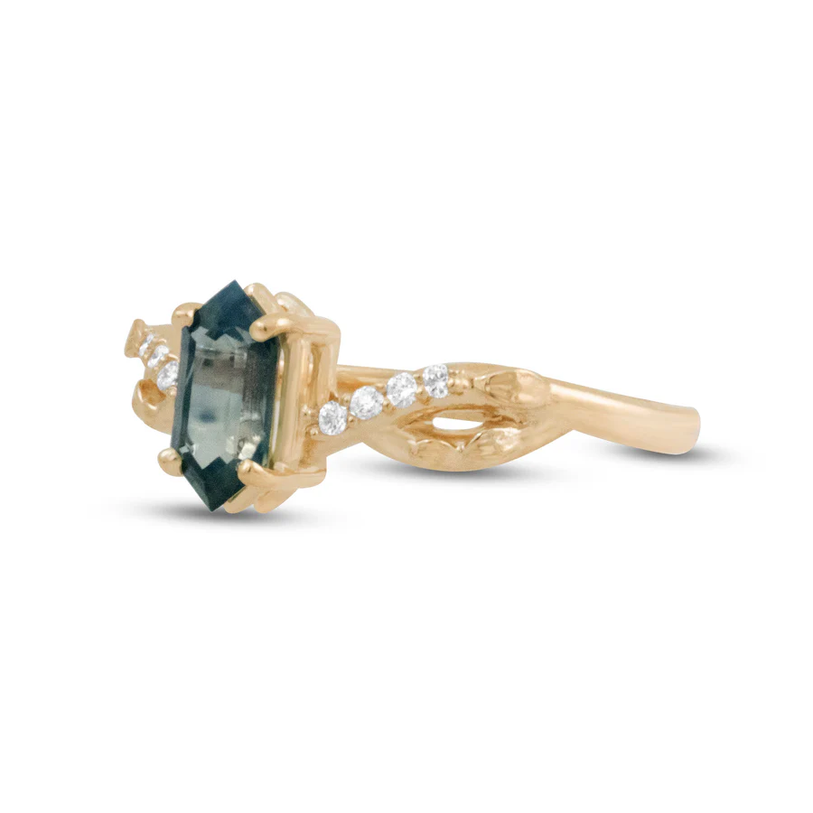 Pine Sapphire Ring – 14k Yellow Gold Hexagon Sapphire and Diamond Leaf Ring
