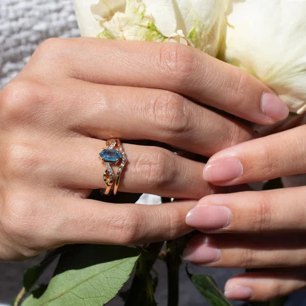 Pine Sapphire Ring – 14k Yellow Gold Hexagon Sapphire and Diamond Leaf Ring