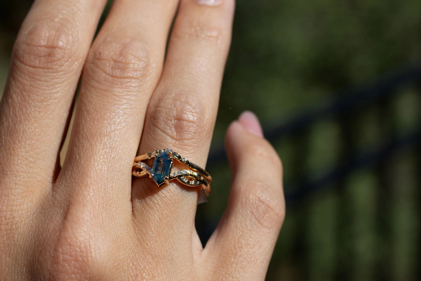 Pine Sapphire Ring – 14k Yellow Gold Hexagon Sapphire and Diamond Leaf Ring