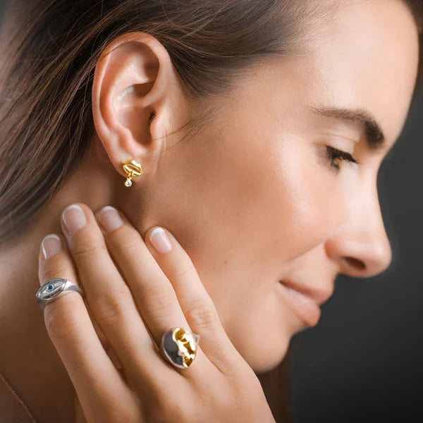 Gold Lips Earrings with Dangling Diamond - 14k Yellow Gold