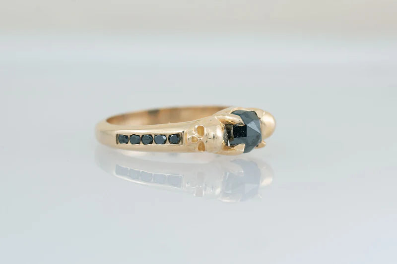 Nocturna’s Oath Ring – 14k Gold & Black Diamonds & Skull Detail