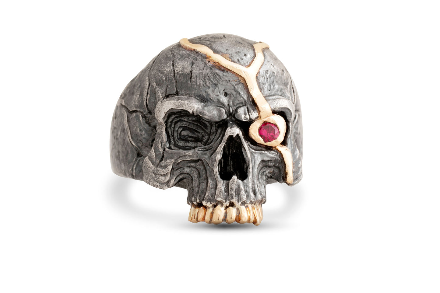 Skull Ring “Macbeth’s Fate” - Oxidized Silver & 14k Gold with Ruby Eye