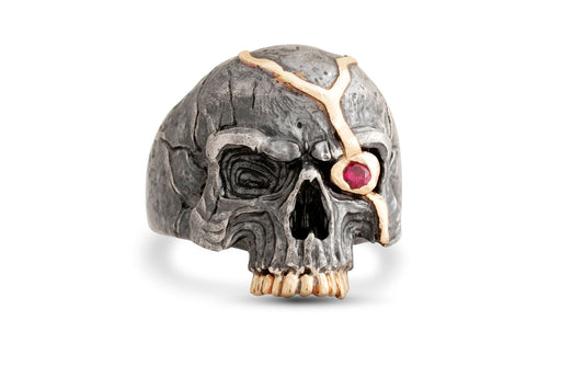 Skull Ring “Macbeth’s Fate” - Oxidized Silver & 14k Gold with Ruby Eye