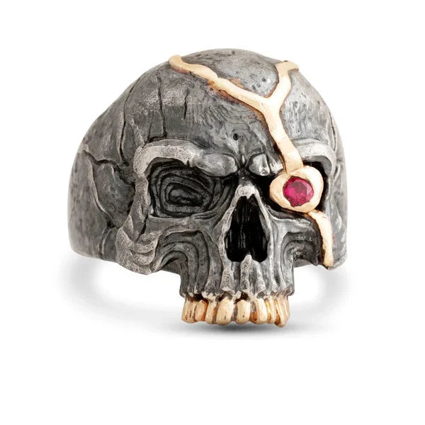 Skull Ring “Macbeth’s Fate” - Oxidized Silver & 14k Gold with Ruby Eye