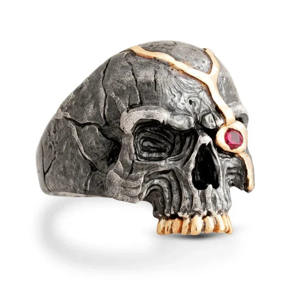 Skull Ring “Macbeth’s Fate” - Oxidized Silver & 14k Gold with Ruby Eye