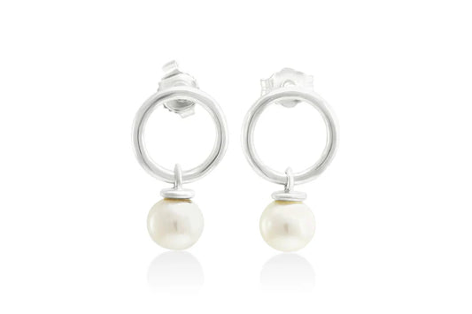 Circle Studs with Dangling Pearl
