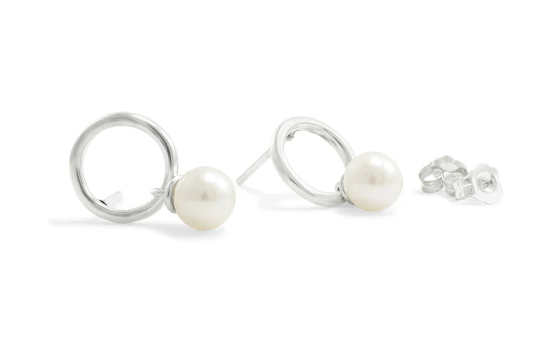 Circle Studs with Dangling Pearl