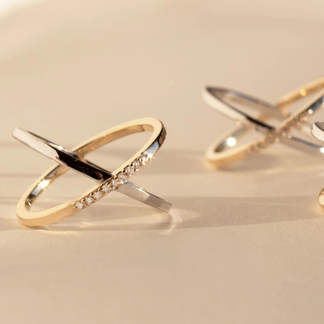 X Diamond Ring - 14k Yellow & White Gold with Diamonds