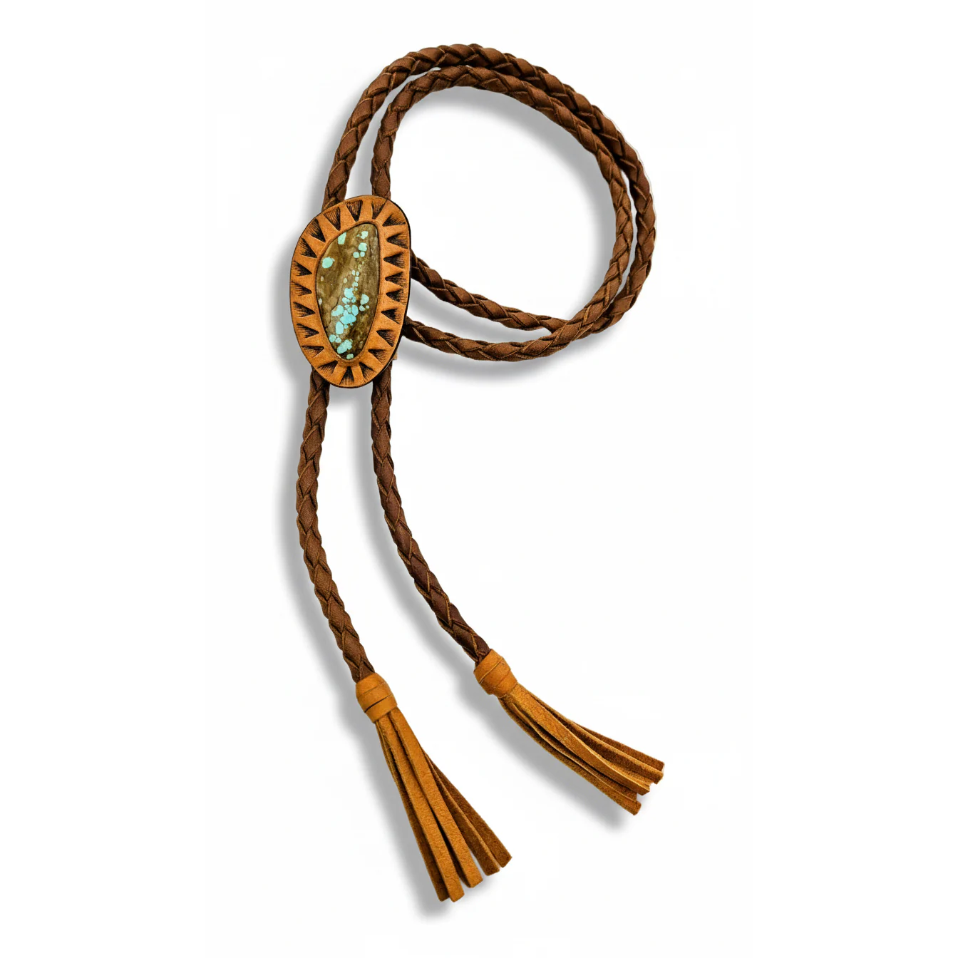 Galaxy Turquoise Bolo Tie - Hand Tooled Leather - #8 Turquoise Stone