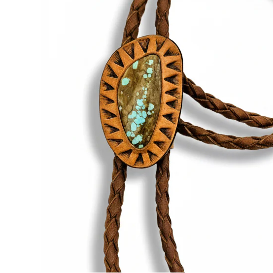 Galaxy Turquoise Bolo Tie - Hand Tooled Leather - #8 Turquoise Stone