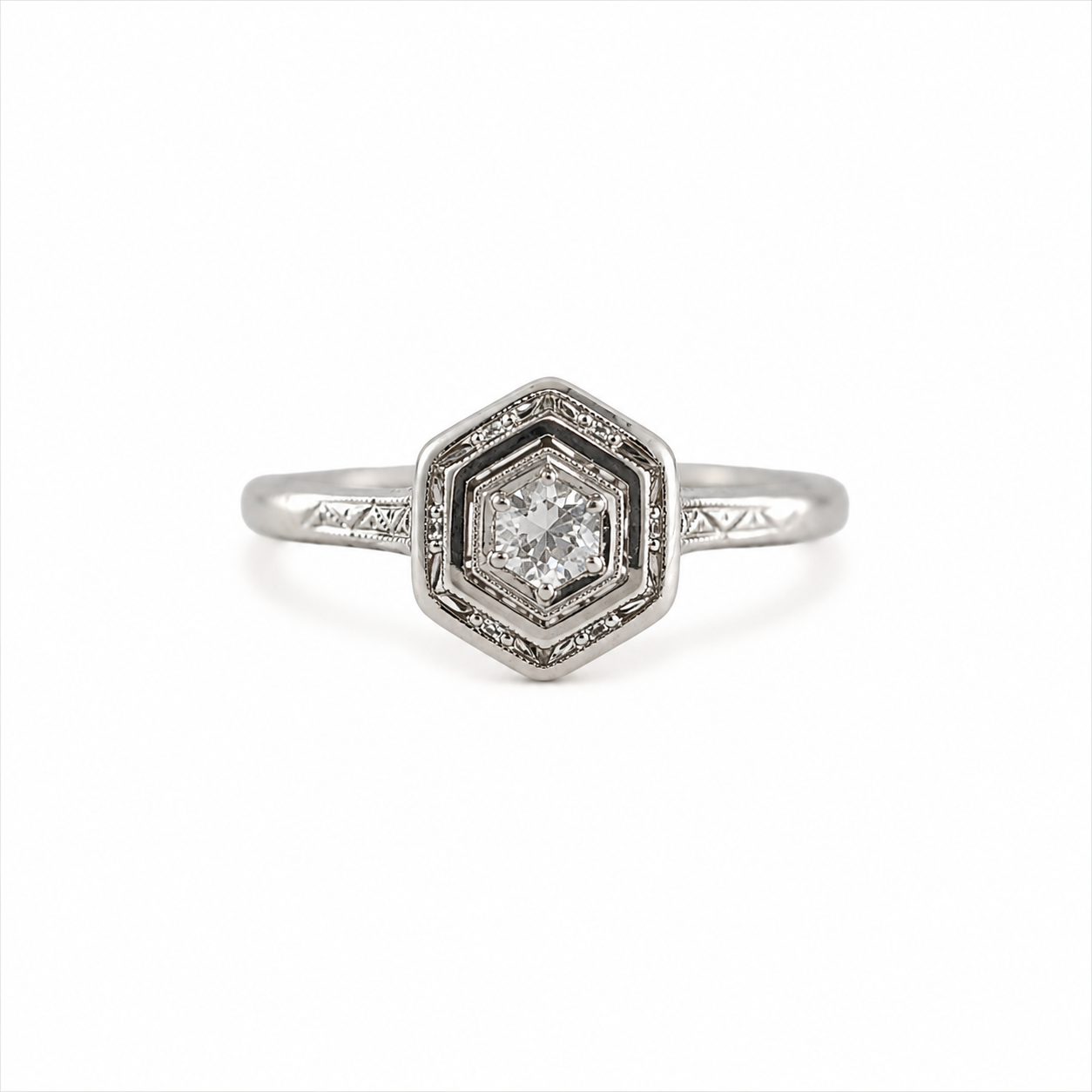 Hexagonal Art Deco Diamond Ring in 14k White Gold with 0.12ct European Cut Diamond