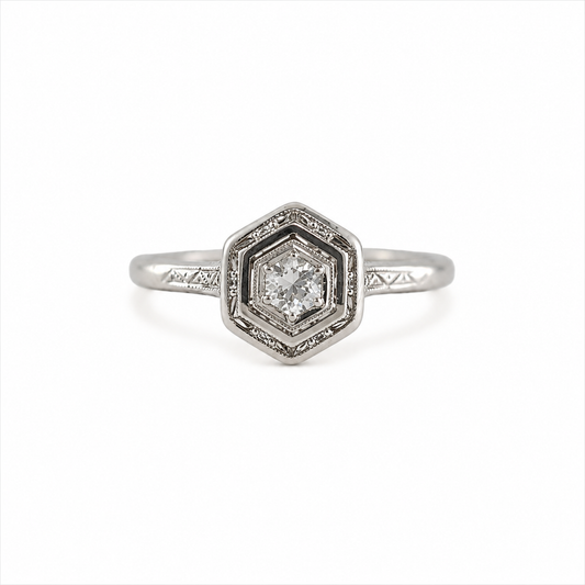Hexagonal Art Deco Diamond Ring in 14k White Gold with 0.12ct European Cut Diamond