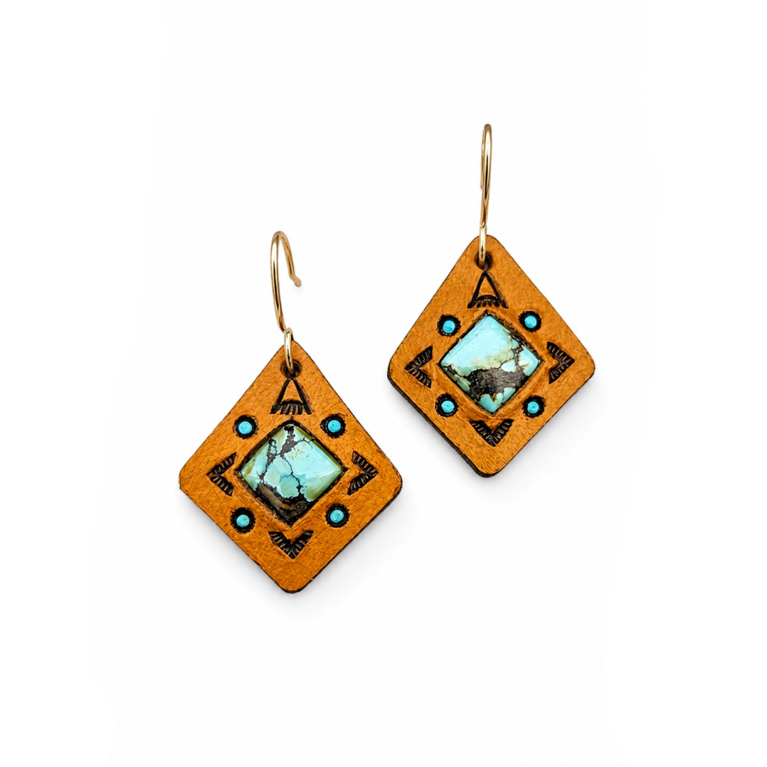 Hubei Turquoise Diamond Drop Earrings - Hand Tooled Leather
