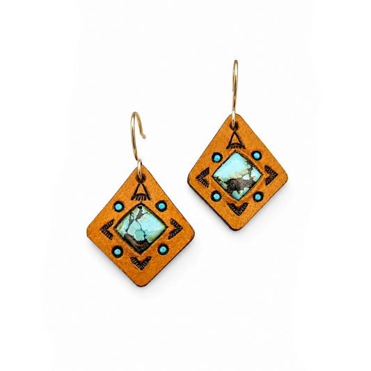 Hubei Turquoise Diamond Drop Earrings - Hand Tooled Leather