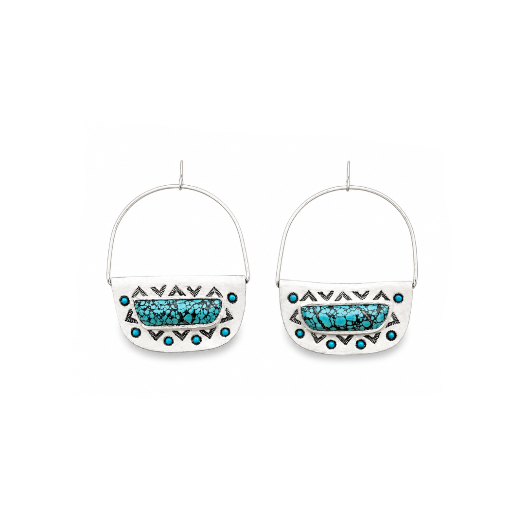 Hubei Turquoise Shield Hoop Earrings - Hand Tooled Leather & Sterling Silver