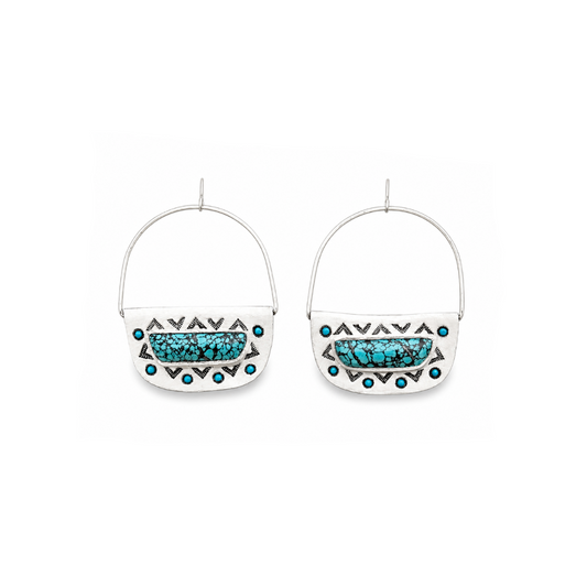 Hubei Turquoise Shield Hoop Earrings - Hand Tooled Leather & Sterling Silver