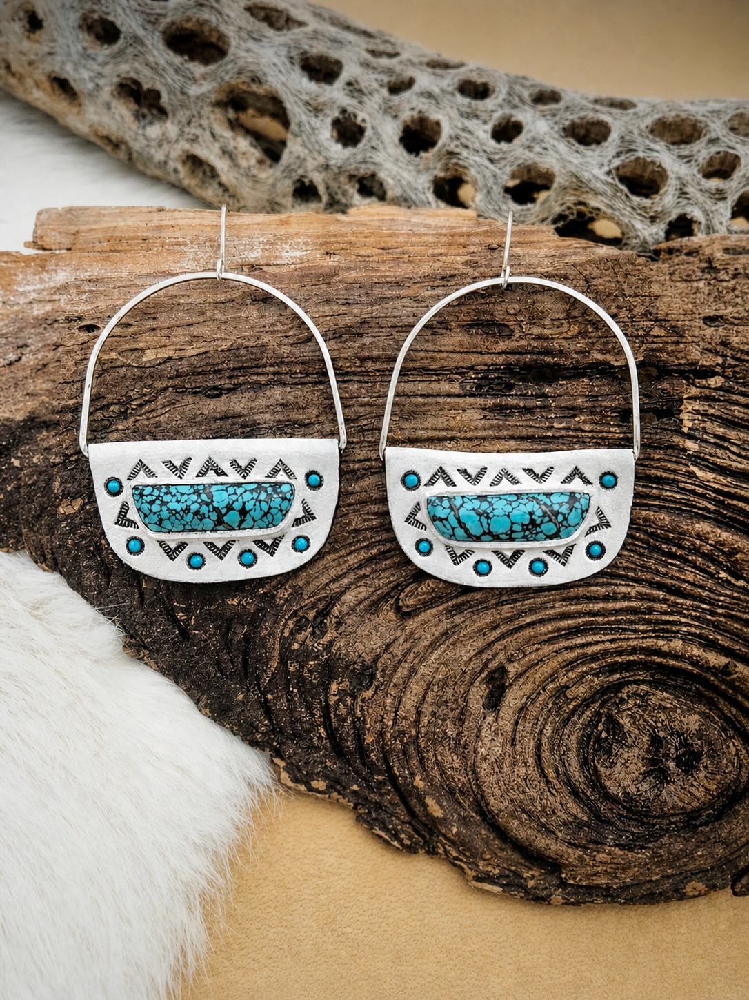 Hubei Turquoise Shield Hoop Earrings - Hand Tooled Leather & Sterling Silver