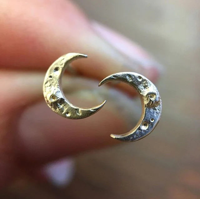 Tiny Crescent Moon Stud - 14k Yellow Gold Hand-Carved Earrings
