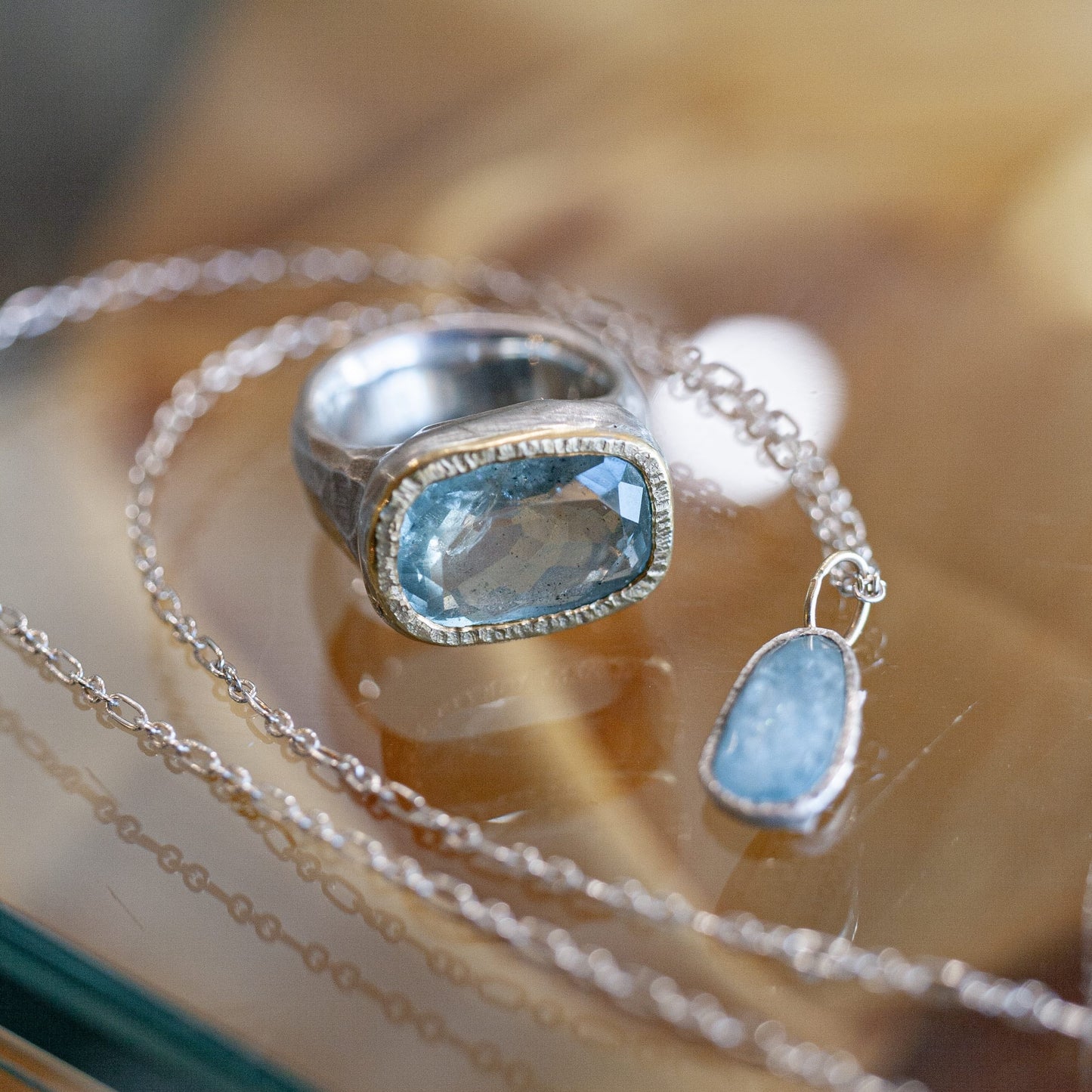 Aquamarine Shimmer Pendant – Sterling Silver & 18k Gold