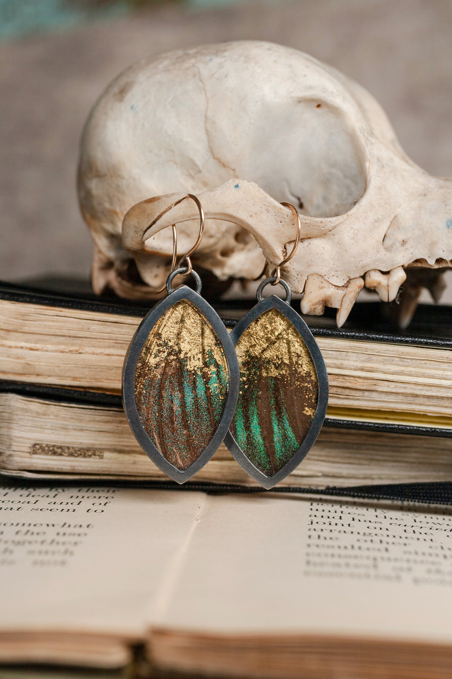 Marquise Encasement Earrings - 14K Gold, Sterling Silver, Real Butterfly Wing
