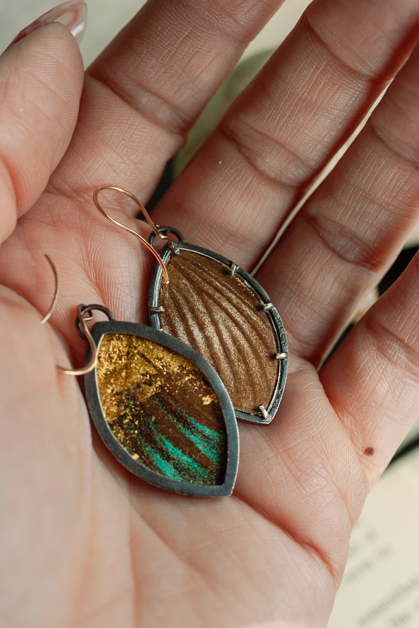 Marquise Encasement Earrings - 14K Gold, Sterling Silver, Real Butterfly Wing