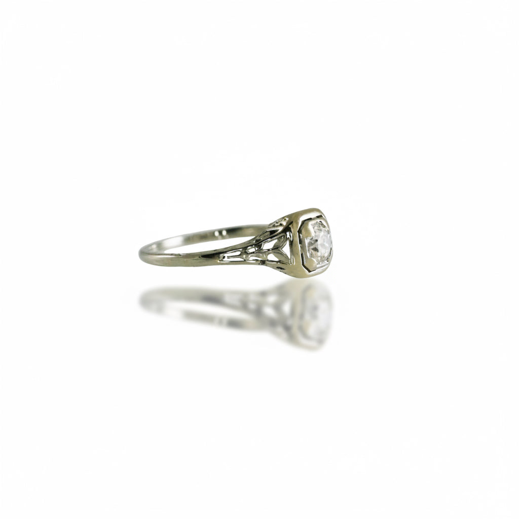 Art Deco Old European Cut Diamond Ring in 14k White Gold - 0.53ct Estate Ring
