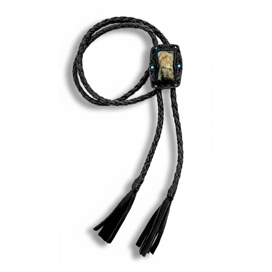 Labradorite Bolo Tie – Hand Tooled Leather – Deerskin Braided Cord