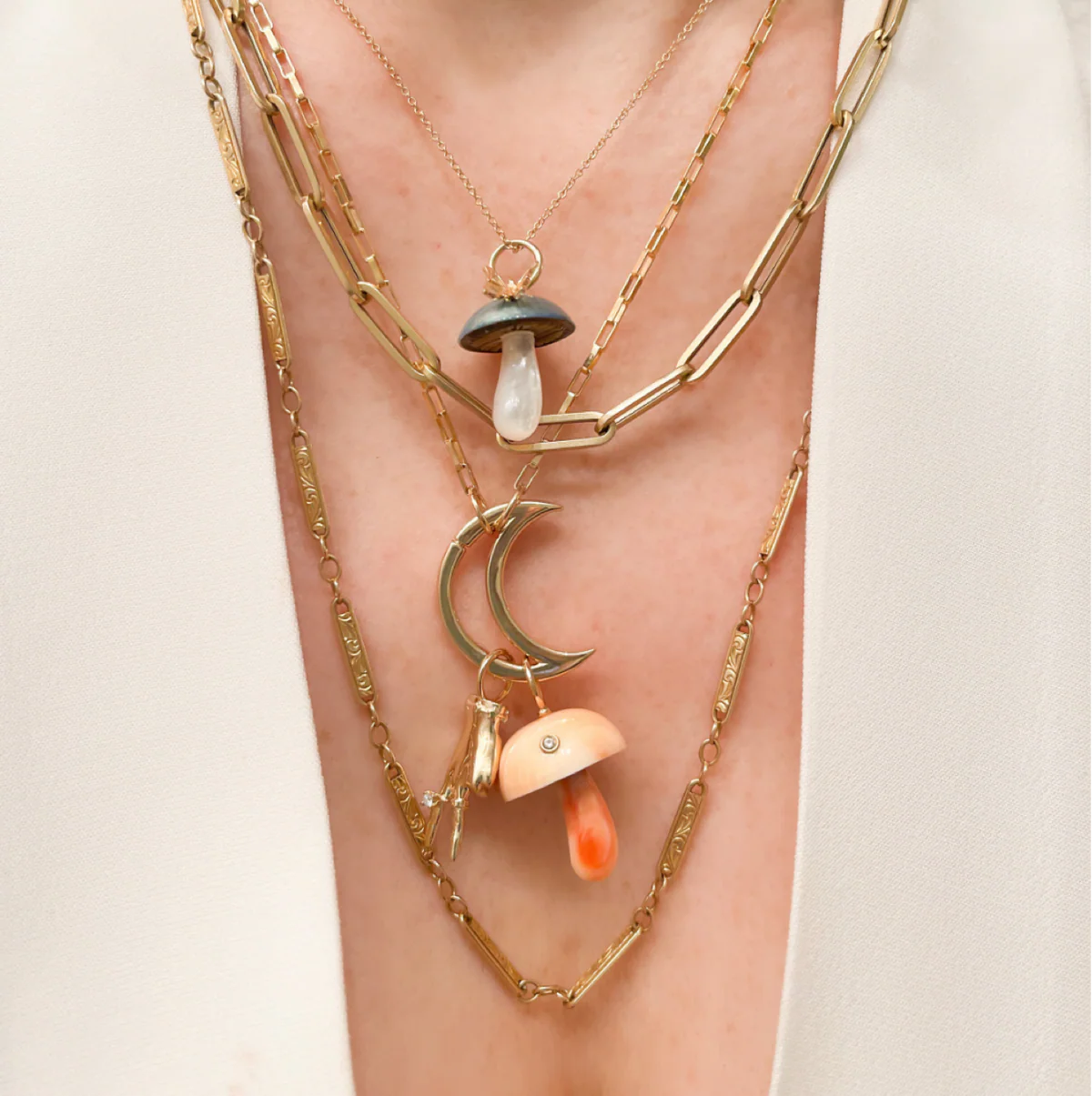 Apricot Conch Mushroom with Diamond - Shell & 14k Gold Charm