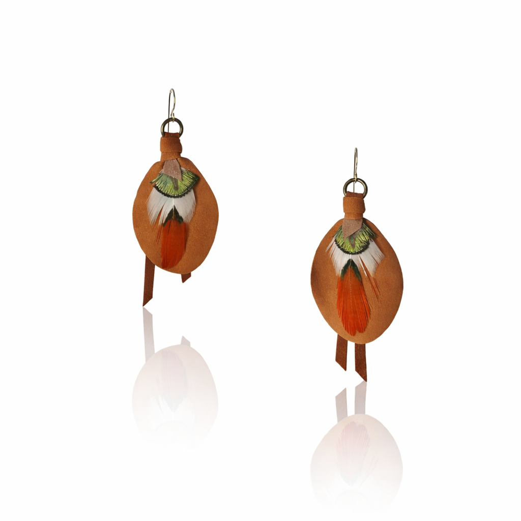 Leather & Feather Petite Earrings - Camel