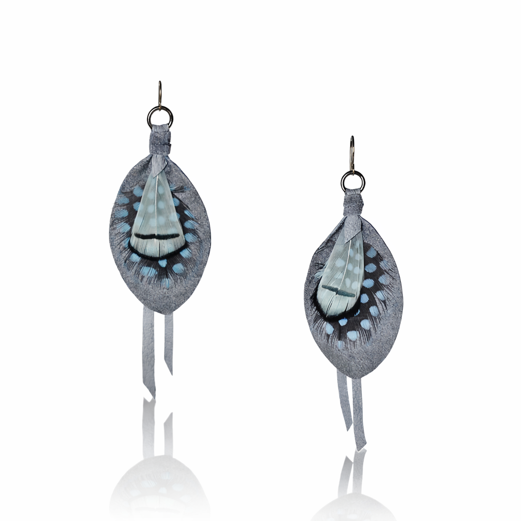 Leather & Feather Petite Earrings - Dusty Blue