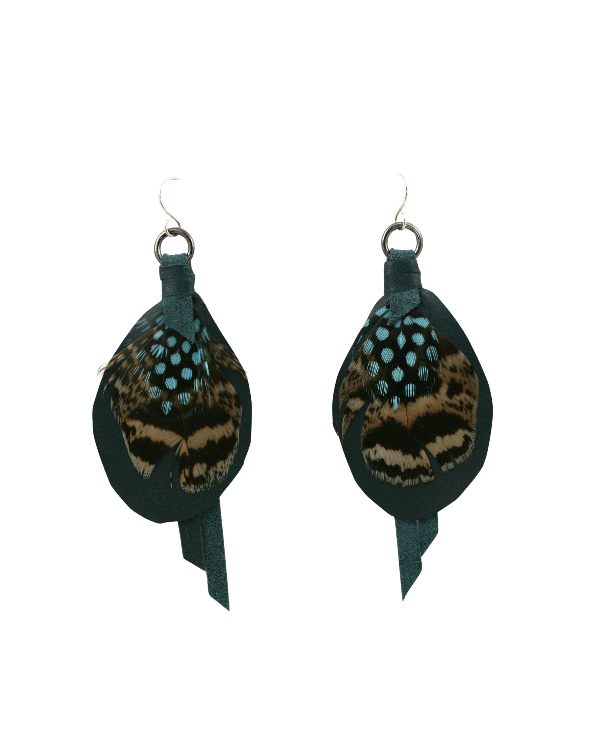 Pair of handmade feather and leather earrings in slate blue with sterling silver hooks on a white background