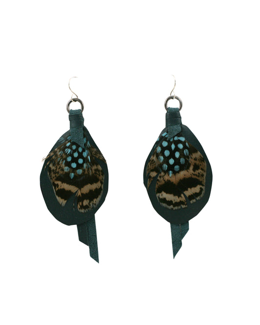 Pair of handmade feather and leather earrings in slate blue with sterling silver hooks on a white background