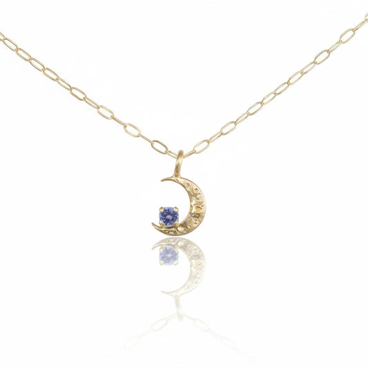 Tiny Gold Crescent Moon Necklace - Blue Sapphire & 14k Gold