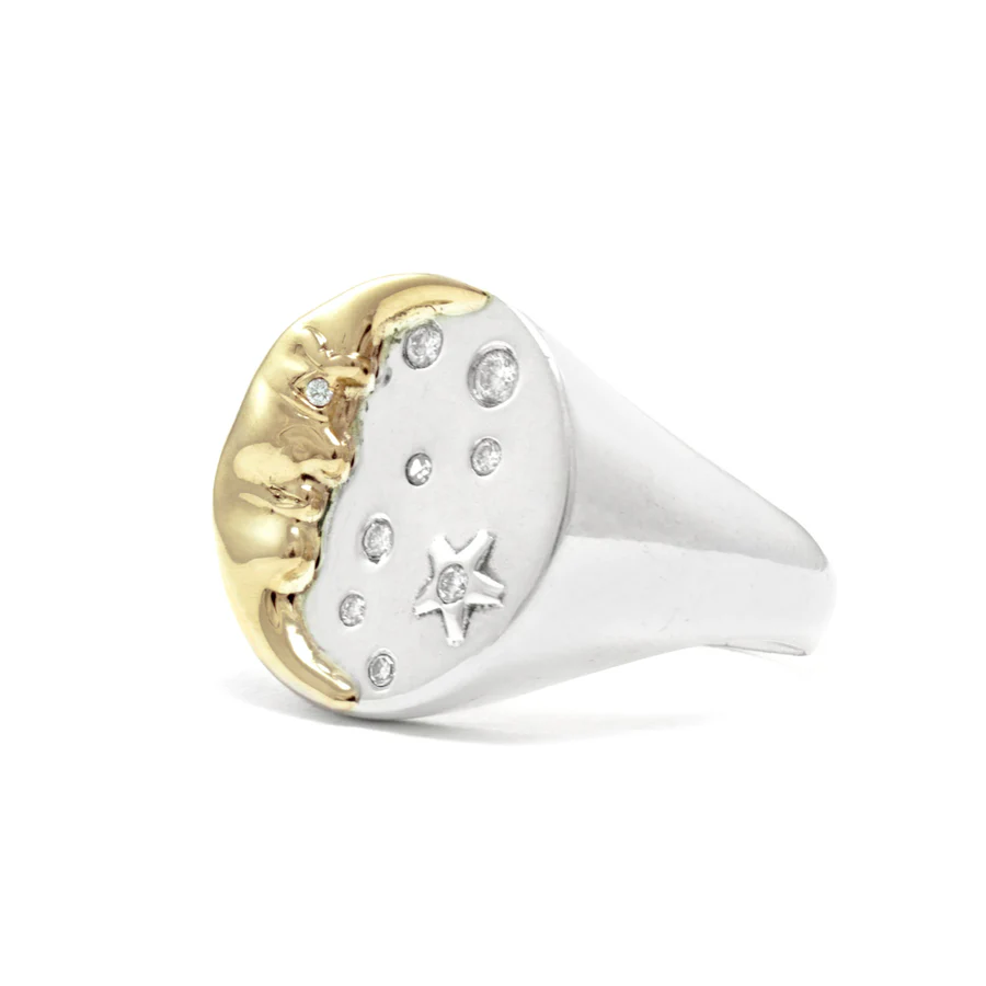 Moon Whisperer Signet Ring - 14k Yellow Gold and Sterling Silver Diamond Ring