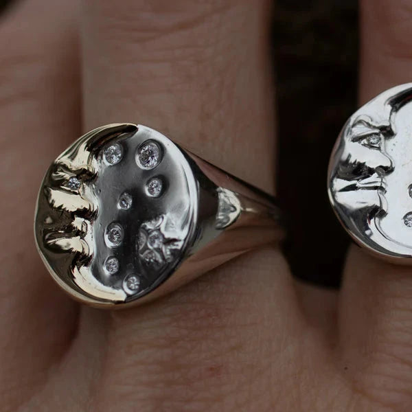 Moon Whisperer Signet Ring - 14k Yellow Gold and Sterling Silver Diamond Ring