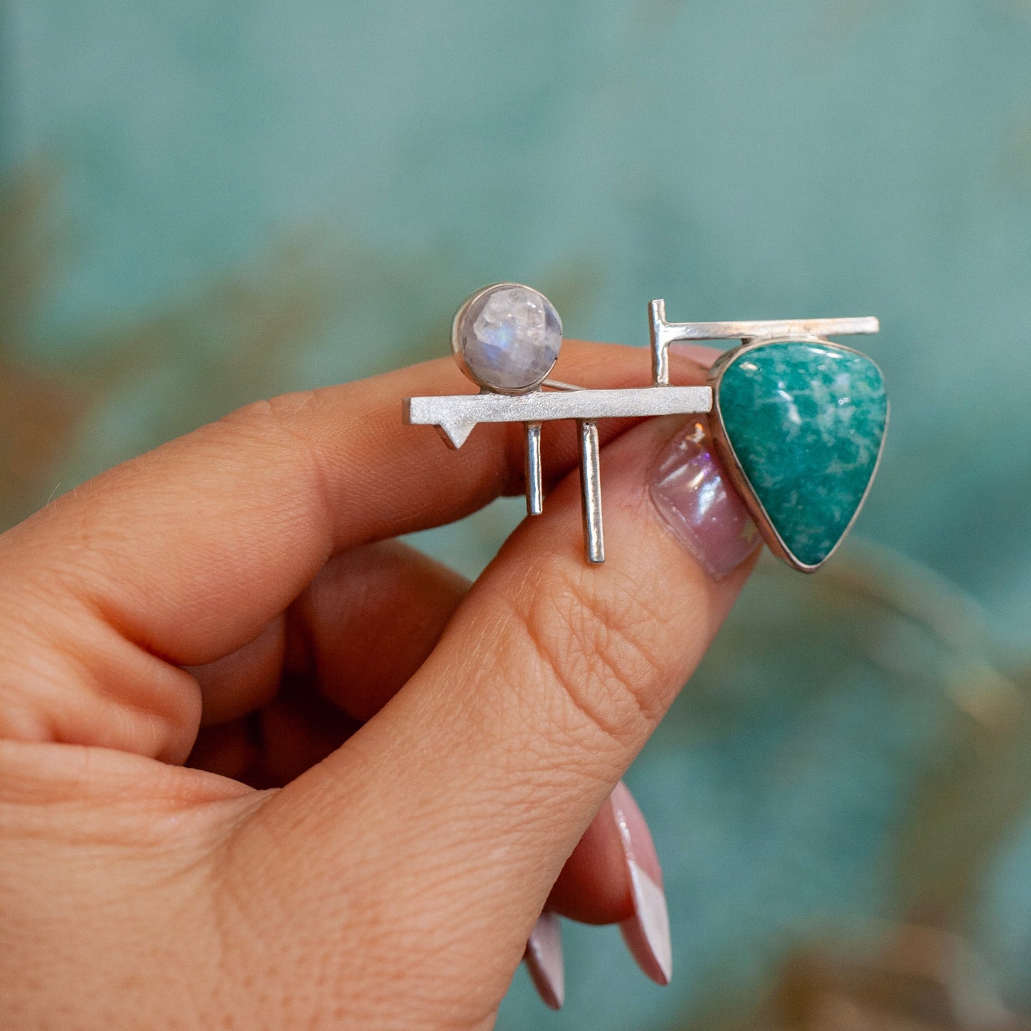 Moonstone & Chrysocolla Brooch - Sterling Silver