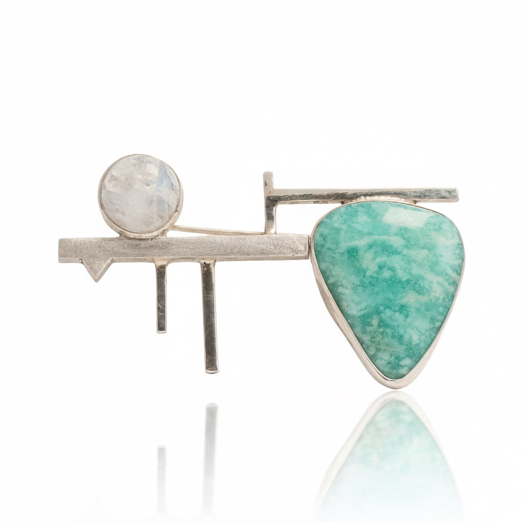 Moonstone & Chrysocolla Brooch - Sterling Silver