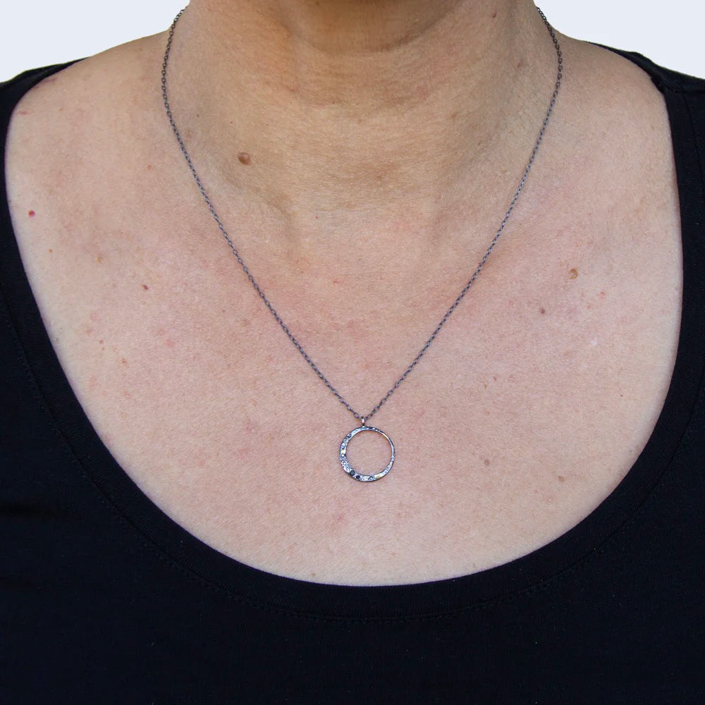 New Moon Necklace with Black Diamonds – Sterling Silver & 18k Gold Accents